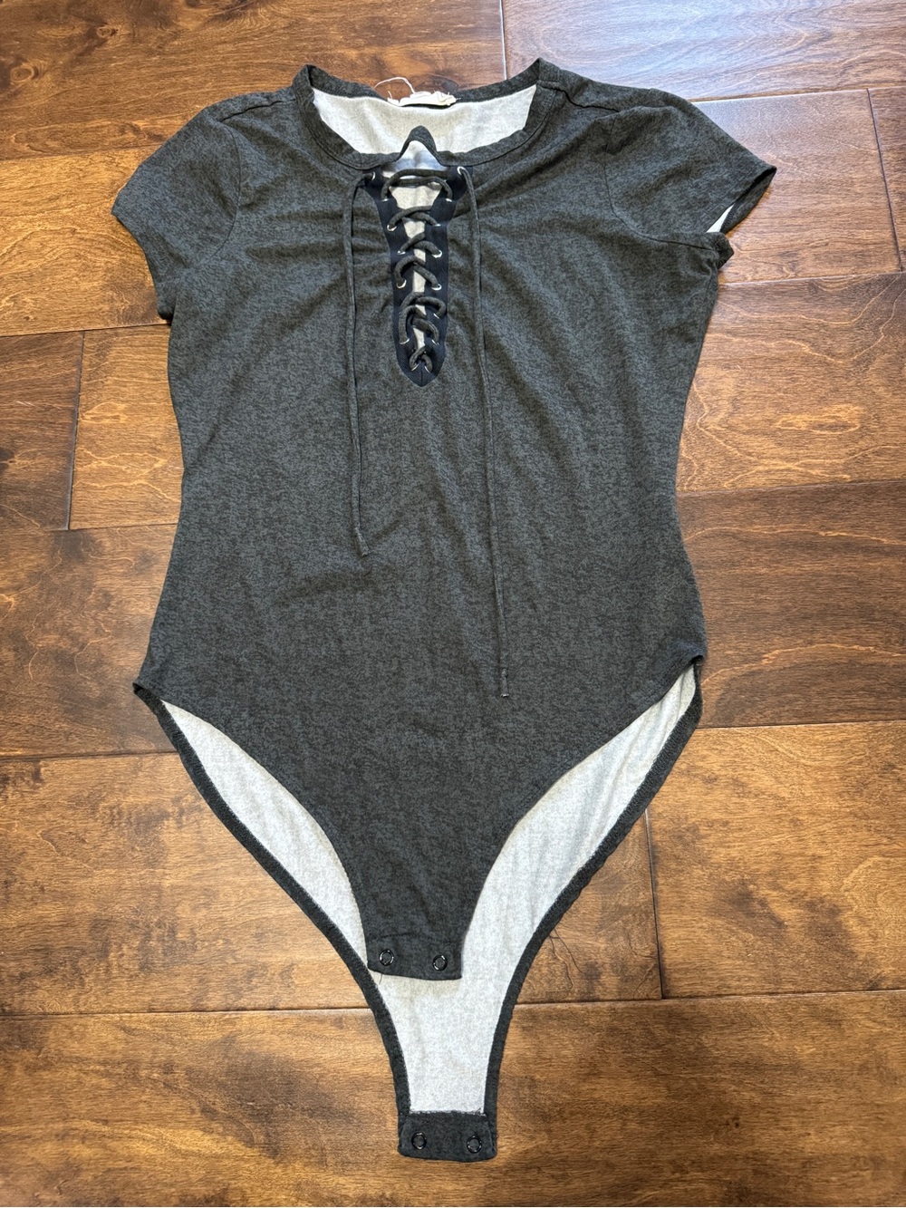 Lace-Up Short Sleeve Bodysuit - Charcoal
